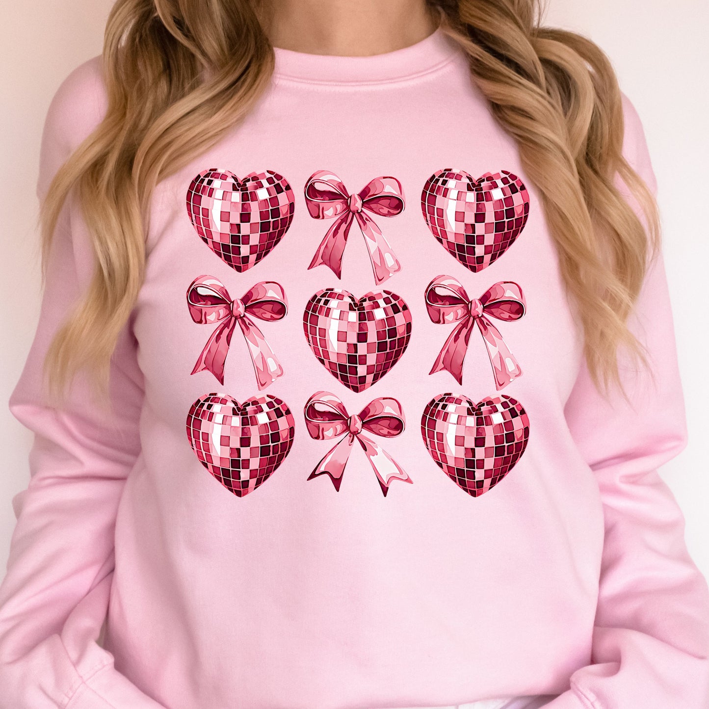 Pink Coquette and Heart Disco Ball Valentine Graphic Crewneck Sweatshirt