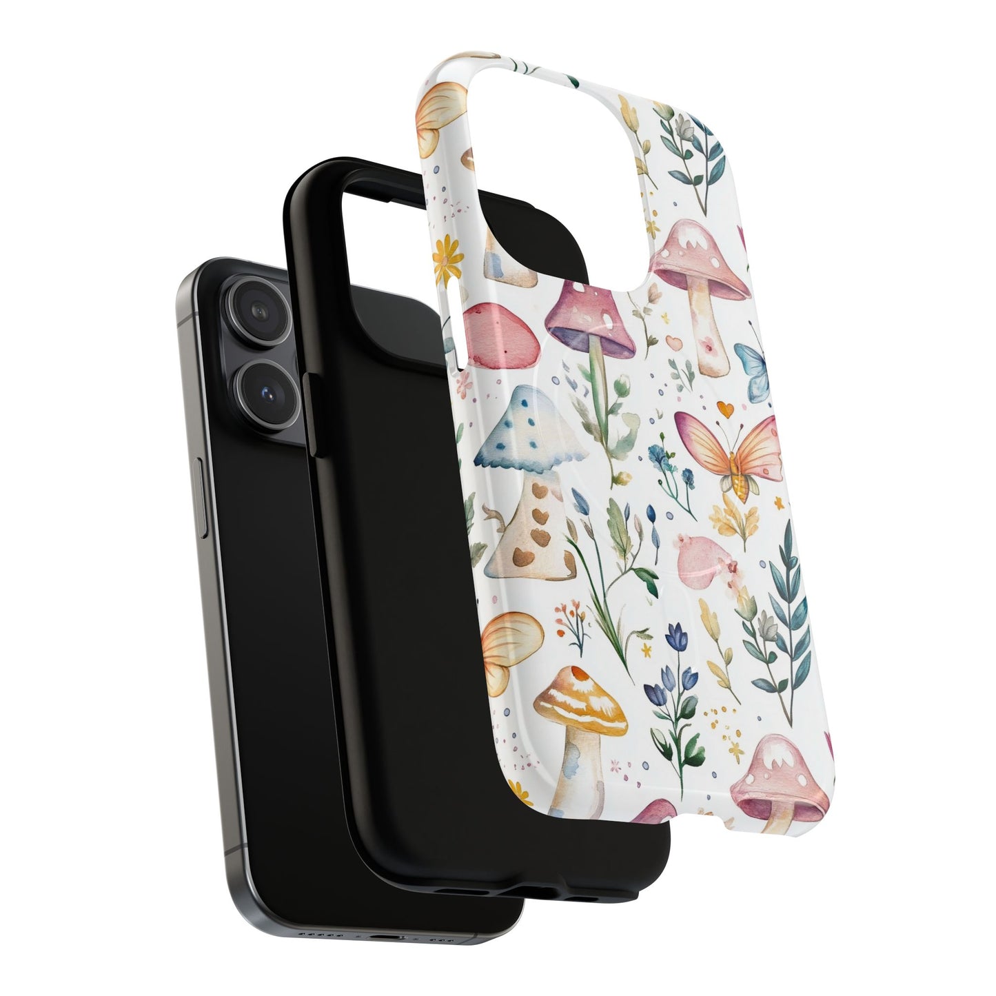 Whimsical Watercolor Pattern of Mushrooms and Butterflies Phone Case, Mag Safe Compatible, Tough Magnetic Case