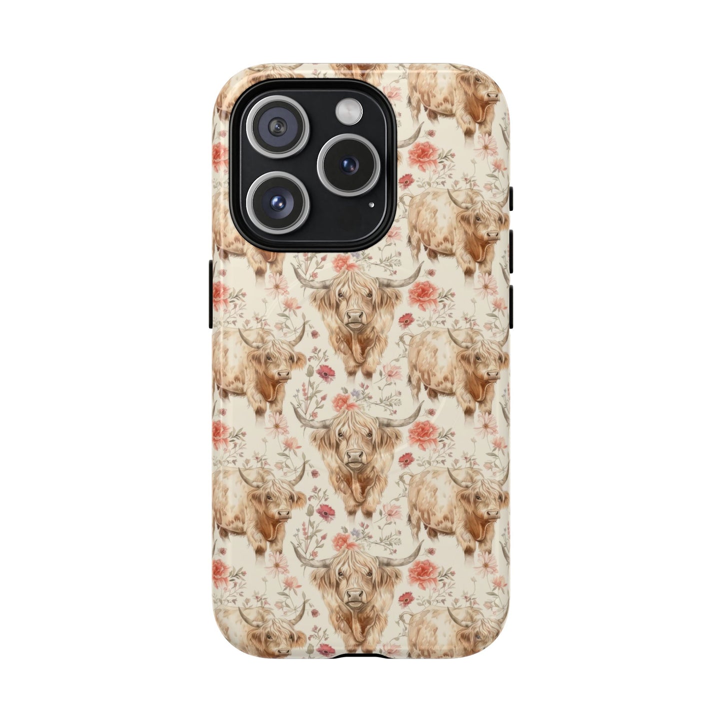 Floral Highland Cow Phone Case iPhone 16 15 14 13 12 Pro Max