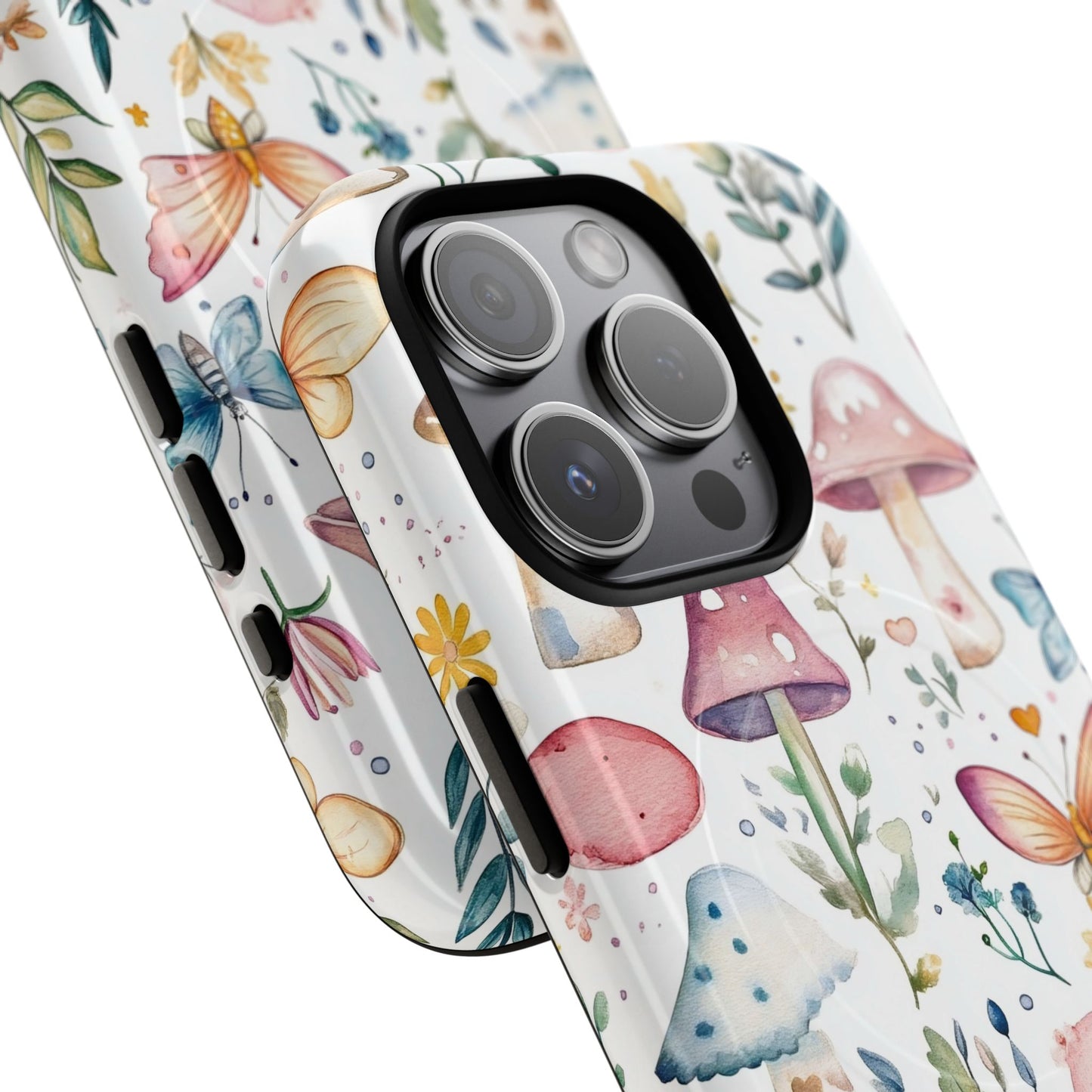 Whimsical Watercolor Pattern of Mushrooms and Butterflies Phone Case, Mag Safe Compatible, Tough Magnetic Case