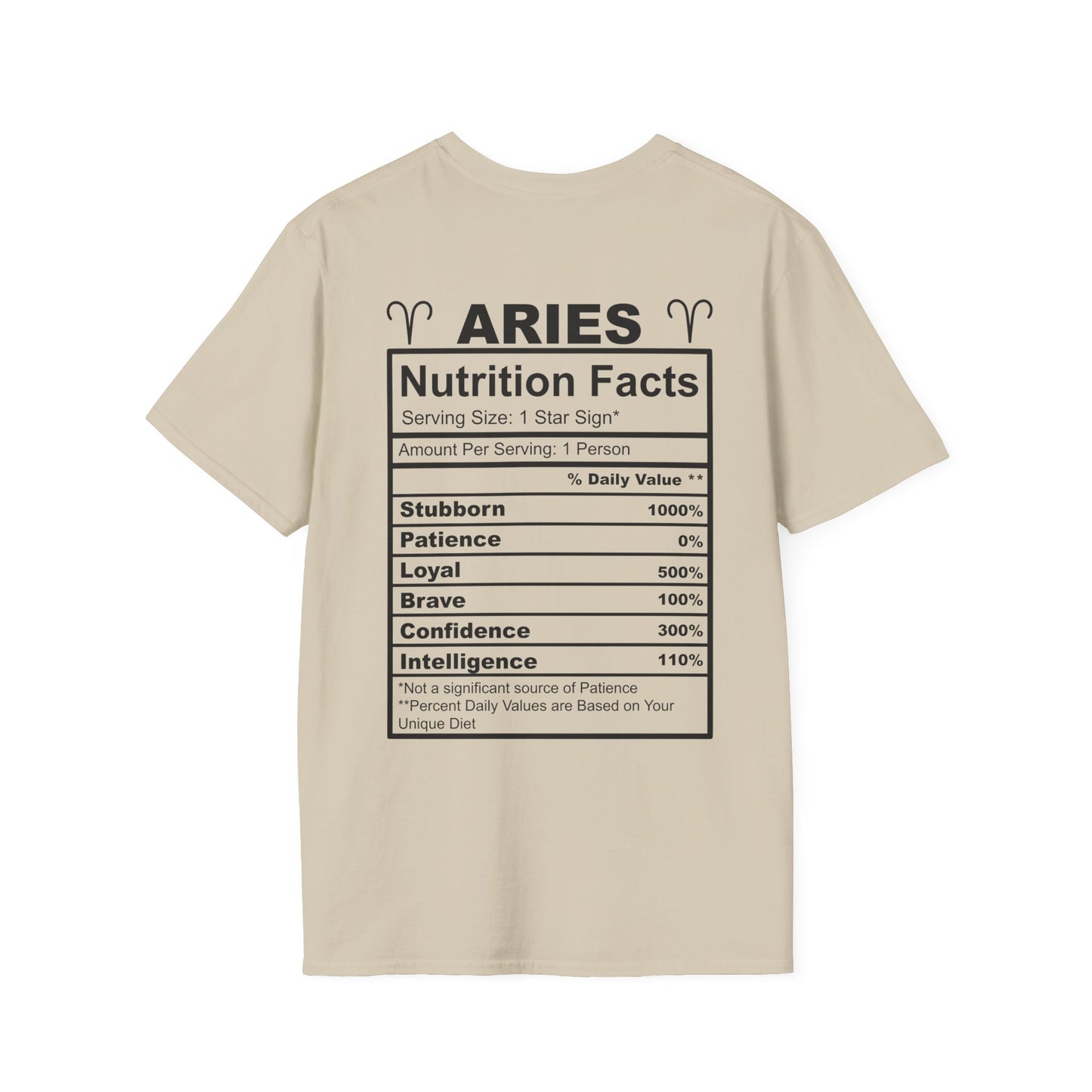 Aries Zodiac T-Shirt | Astrology Tee | Horoscope Gift for Astrologers | Birthday Gift | Unisex Softstyle T-Shirt | Nutrition Facts Tee