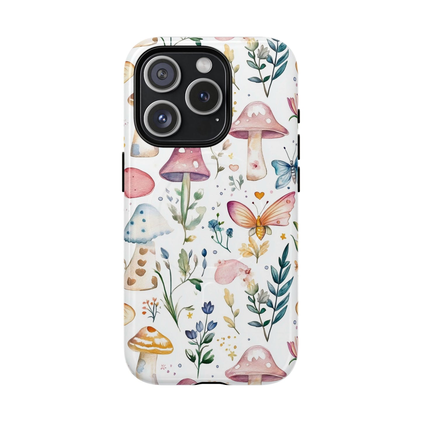 Whimsical Watercolor Pattern of Mushrooms and Butterflies Phone Case, Mag Safe Compatible, Tough Magnetic Case