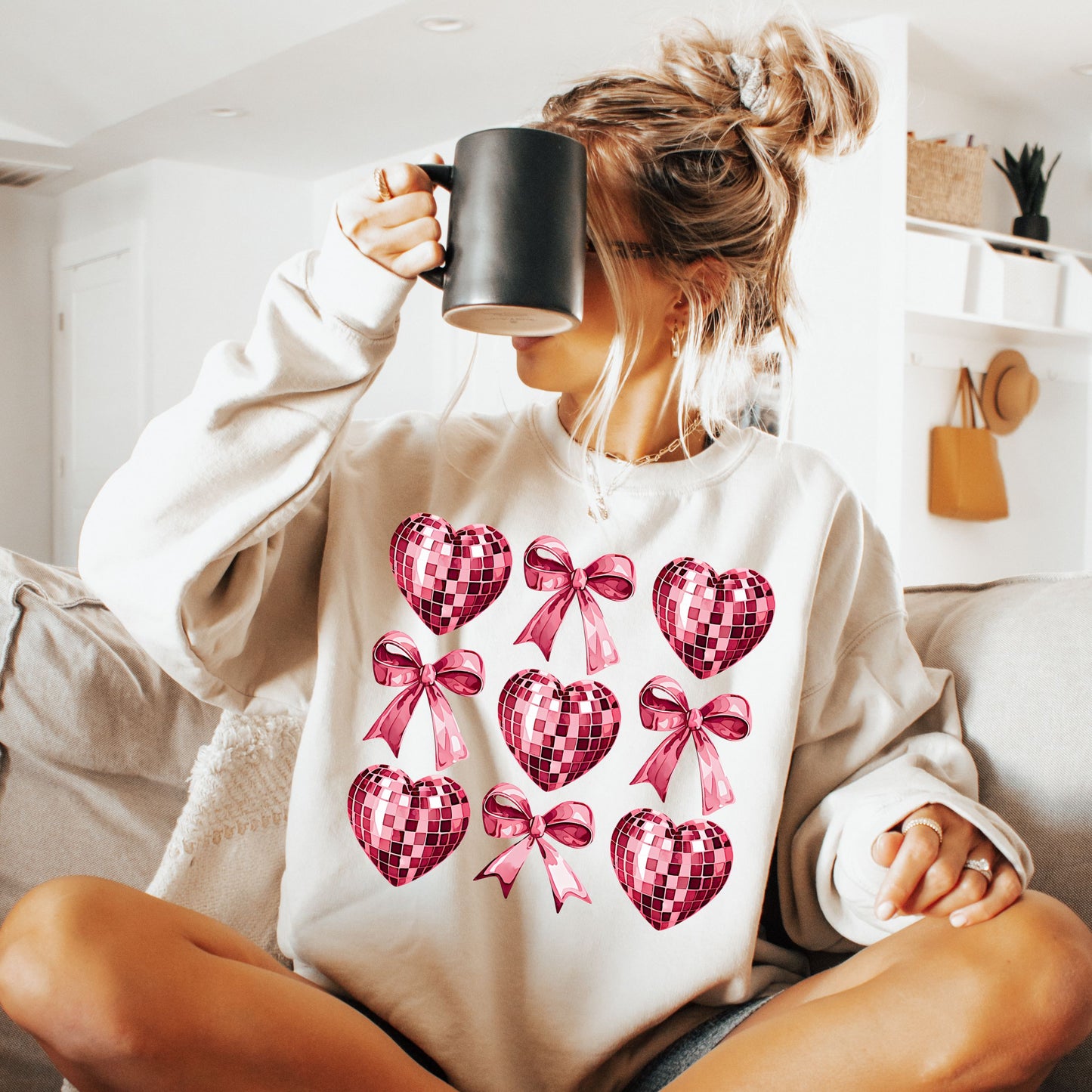 Pink Coquette and Heart Disco Ball Valentine Graphic Crewneck Sweatshirt