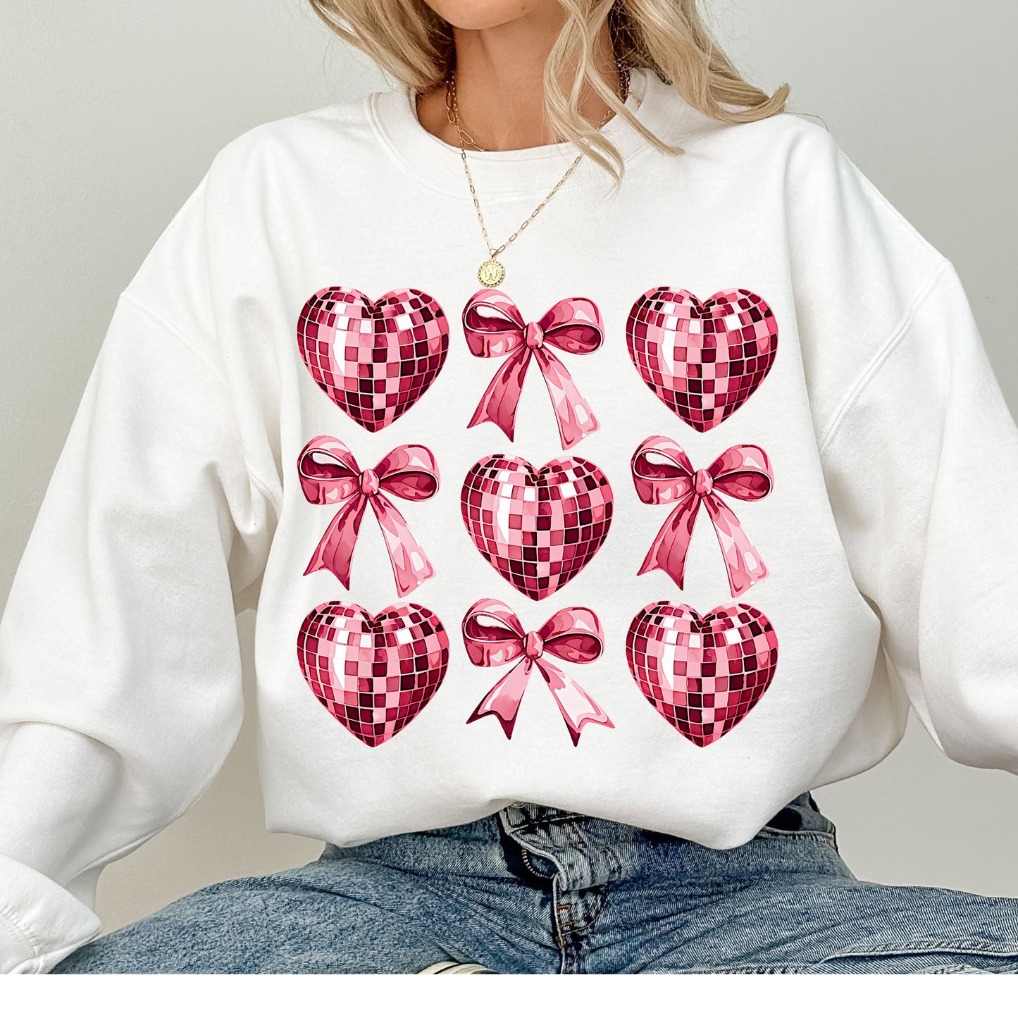 Pink Coquette and Heart Disco Ball Valentine Graphic Crewneck Sweatshirt