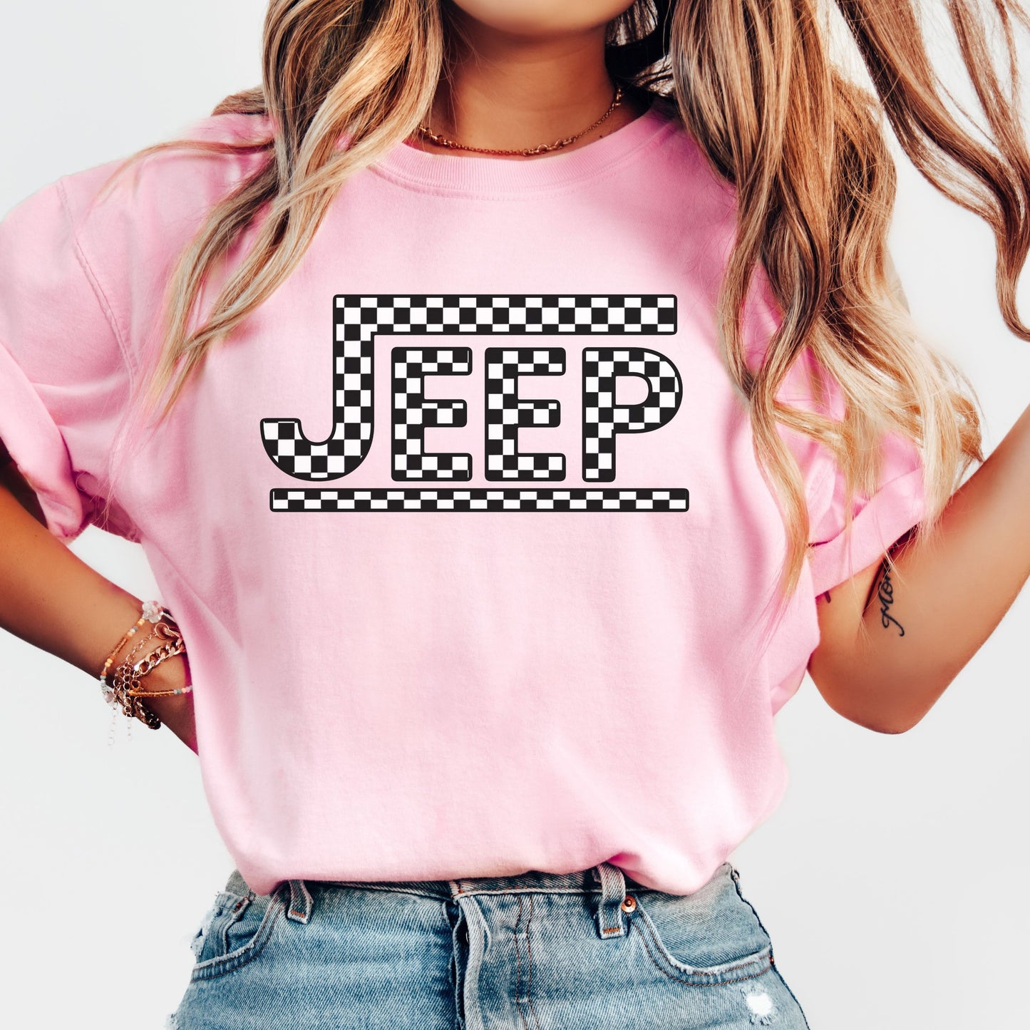 Retro Checkered Jeep Graphic T-Shirt