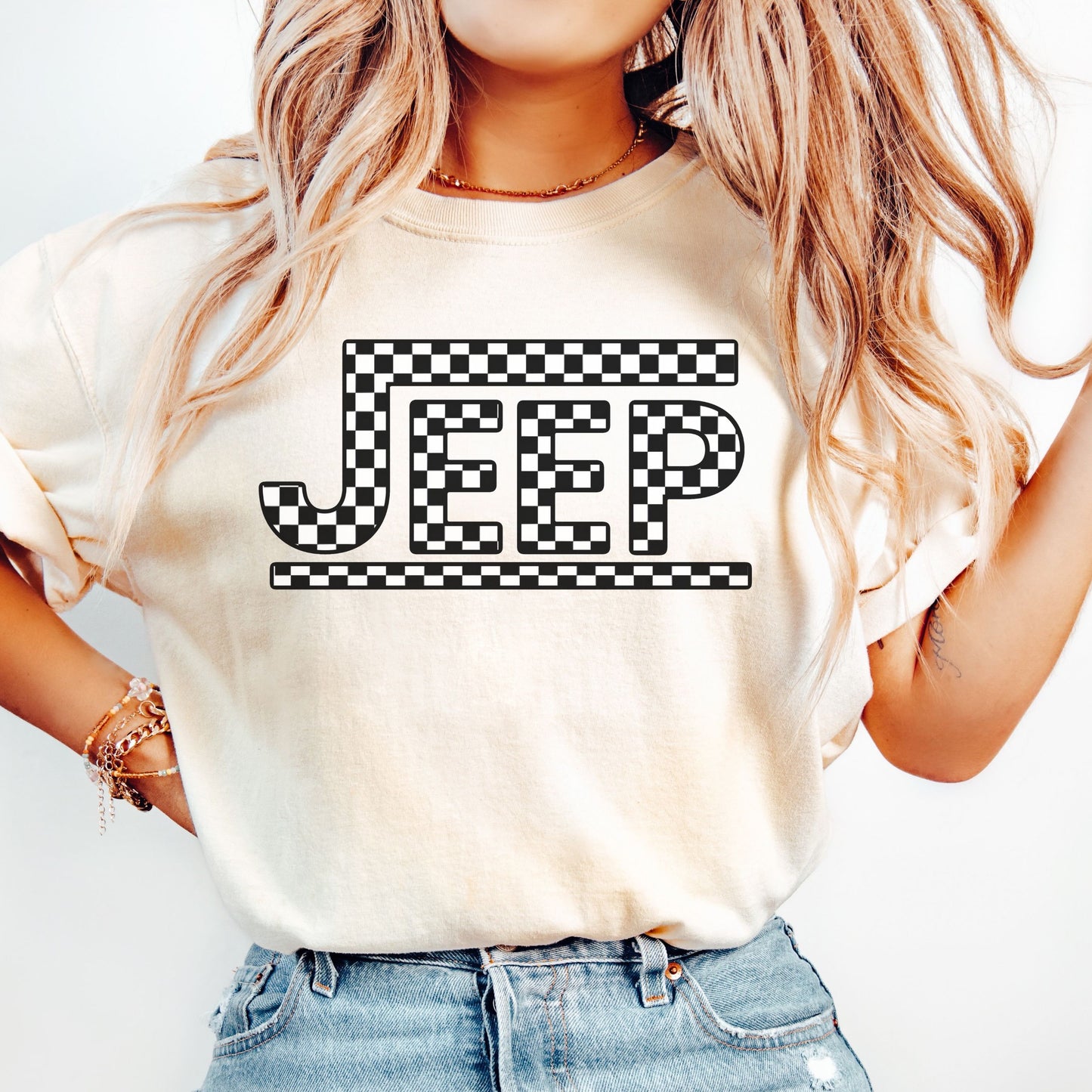 Retro Checkered Jeep Graphic T-Shirt
