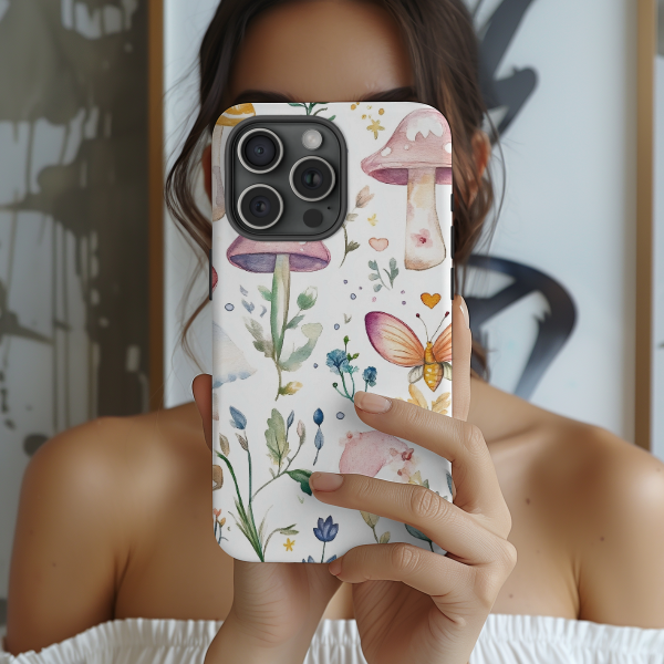 Whimsical Watercolor Pattern of Mushrooms and Butterflies Phone Case, Mag Safe Compatible, Tough Magnetic Case
