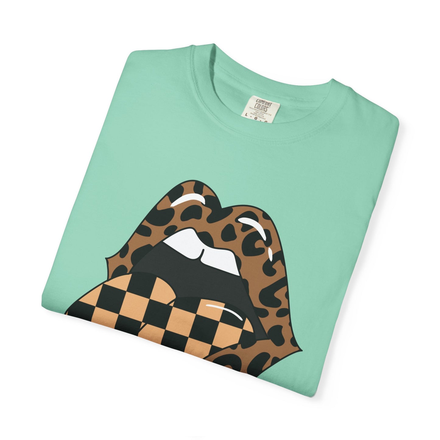 Retro Leopard Print Checkered Rocker Tongue Patch Graphic Tee