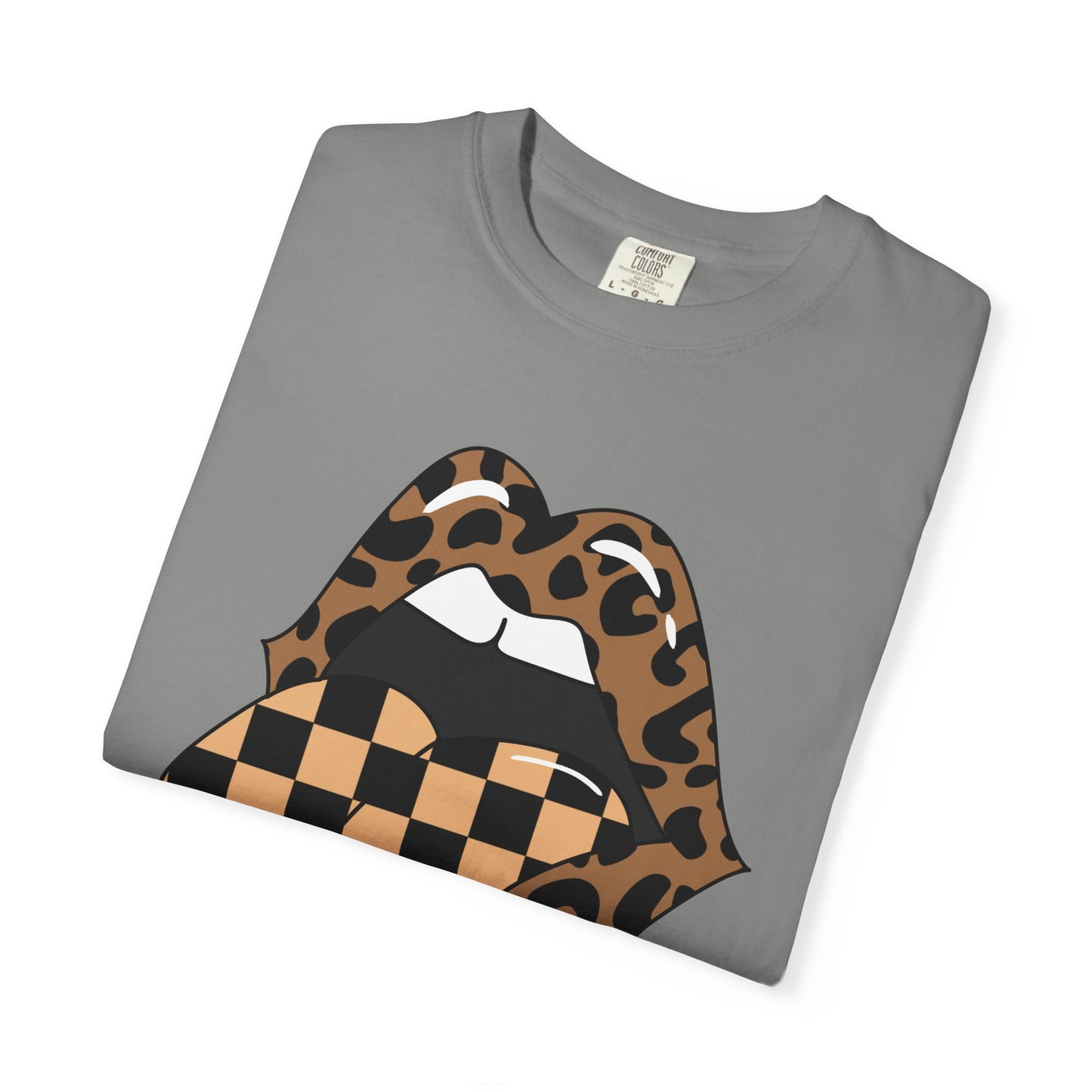 Retro Leopard Print Checkered Rocker Tongue Patch Graphic Tee