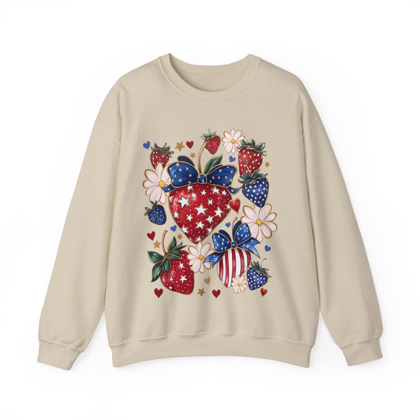 Patriotic Strawberry Sweatshirt, Cozy Crewneck for Casual Wear, Cute Gift for Her, Summer Picnic, 4th of July Style, Comfortable Fashion