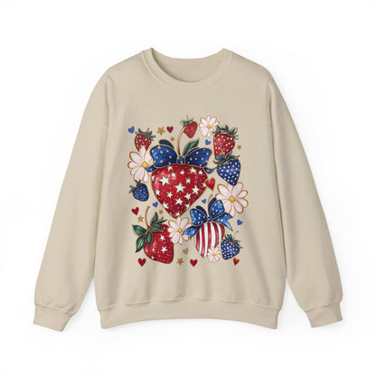 Patriotic Strawberry Sweatshirt, Cozy Crewneck for Casual Wear, Cute Gift for Her, Summer Picnic, 4th of July Style, Comfortable Fashion