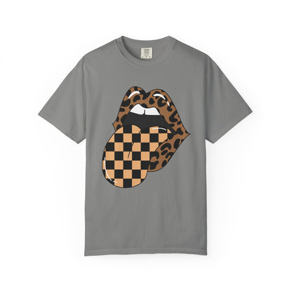 Retro Leopard Print Checkered Rocker Tongue Patch Graphic Tee