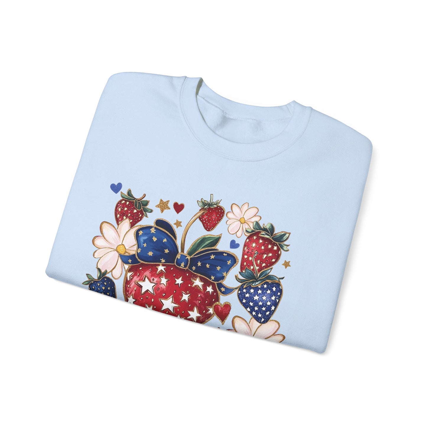 Patriotic Strawberry Sweatshirt, Cozy Crewneck for Casual Wear, Cute Gift for Her, Summer Picnic, 4th of July Style, Comfortable Fashion