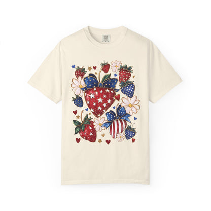 Boho 4th of July Strawberry, Patriotic Coquette Graphic Tee