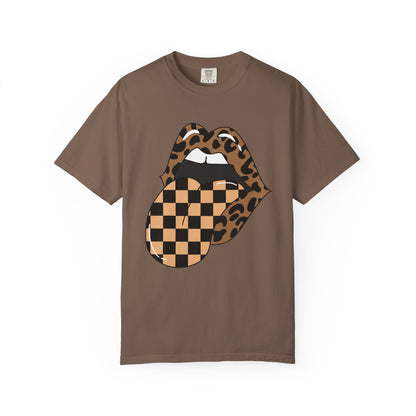 Retro Leopard Print Checkered Rocker Tongue Patch Graphic Tee