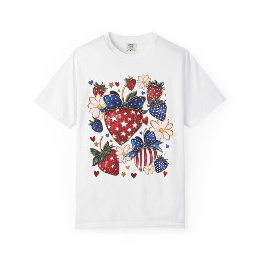 Boho 4th of July Strawberry, Patriotic Coquette Graphic Tee