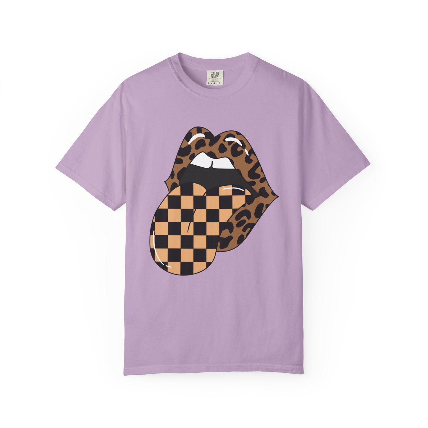 Retro Leopard Print Checkered Rocker Tongue Patch Graphic Tee