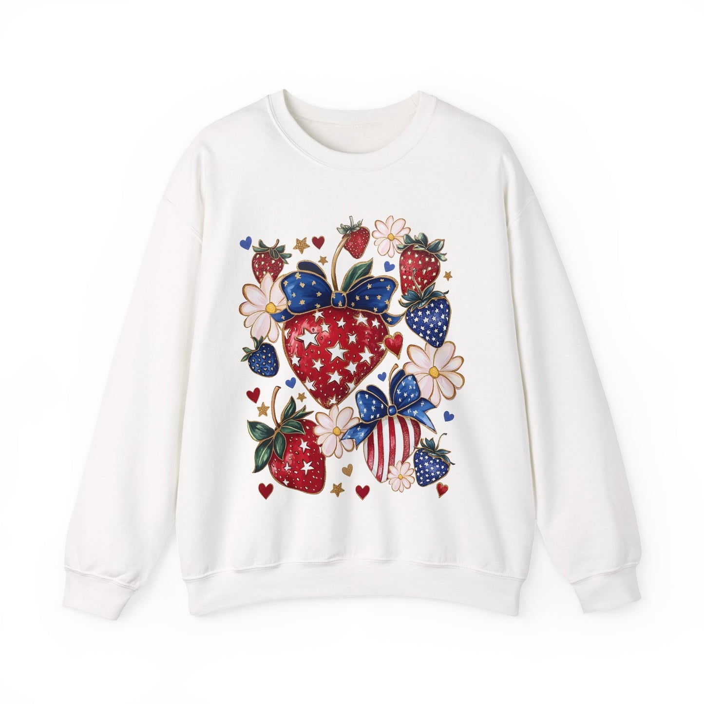 Patriotic Strawberry Sweatshirt, Cozy Crewneck for Casual Wear, Cute Gift for Her, Summer Picnic, 4th of July Style, Comfortable Fashion