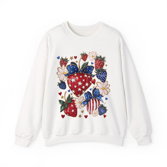 Patriotic Strawberry Sweatshirt, Cozy Crewneck for Casual Wear, Cute Gift for Her, Summer Picnic, 4th of July Style, Comfortable Fashion