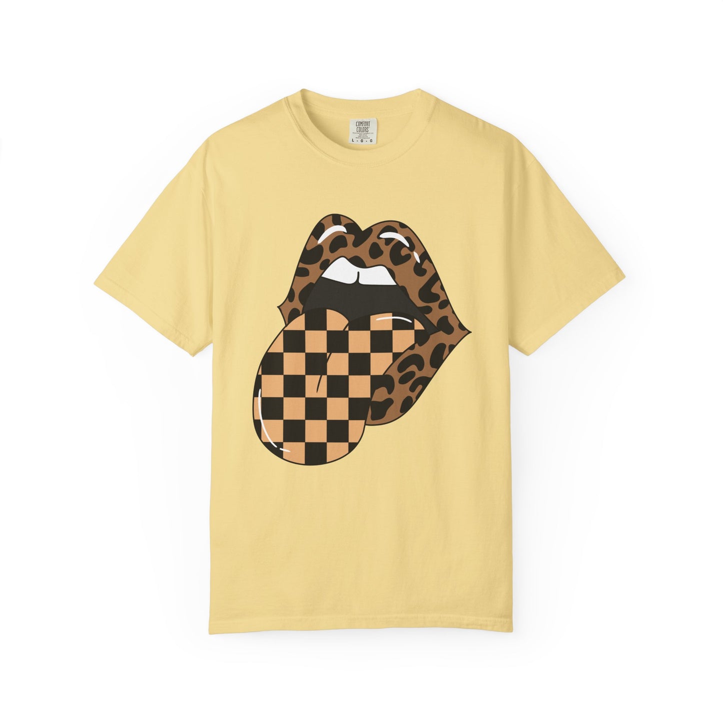 Retro Leopard Print Checkered Rocker Tongue Patch Graphic Tee