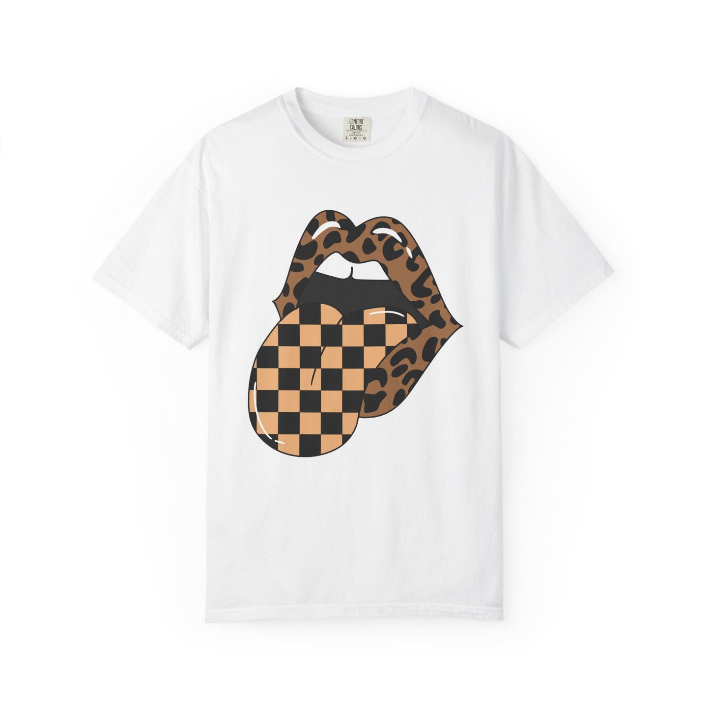 Retro Leopard Print Checkered Rocker Tongue Patch Graphic Tee