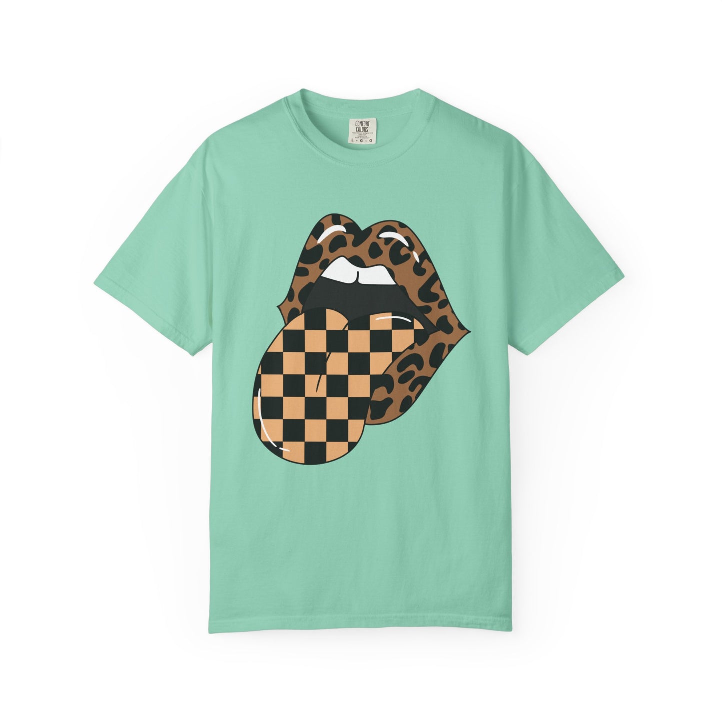 Retro Leopard Print Checkered Rocker Tongue Patch Graphic Tee