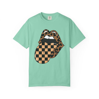 Retro Leopard Print Checkered Rocker Tongue Patch Graphic Tee