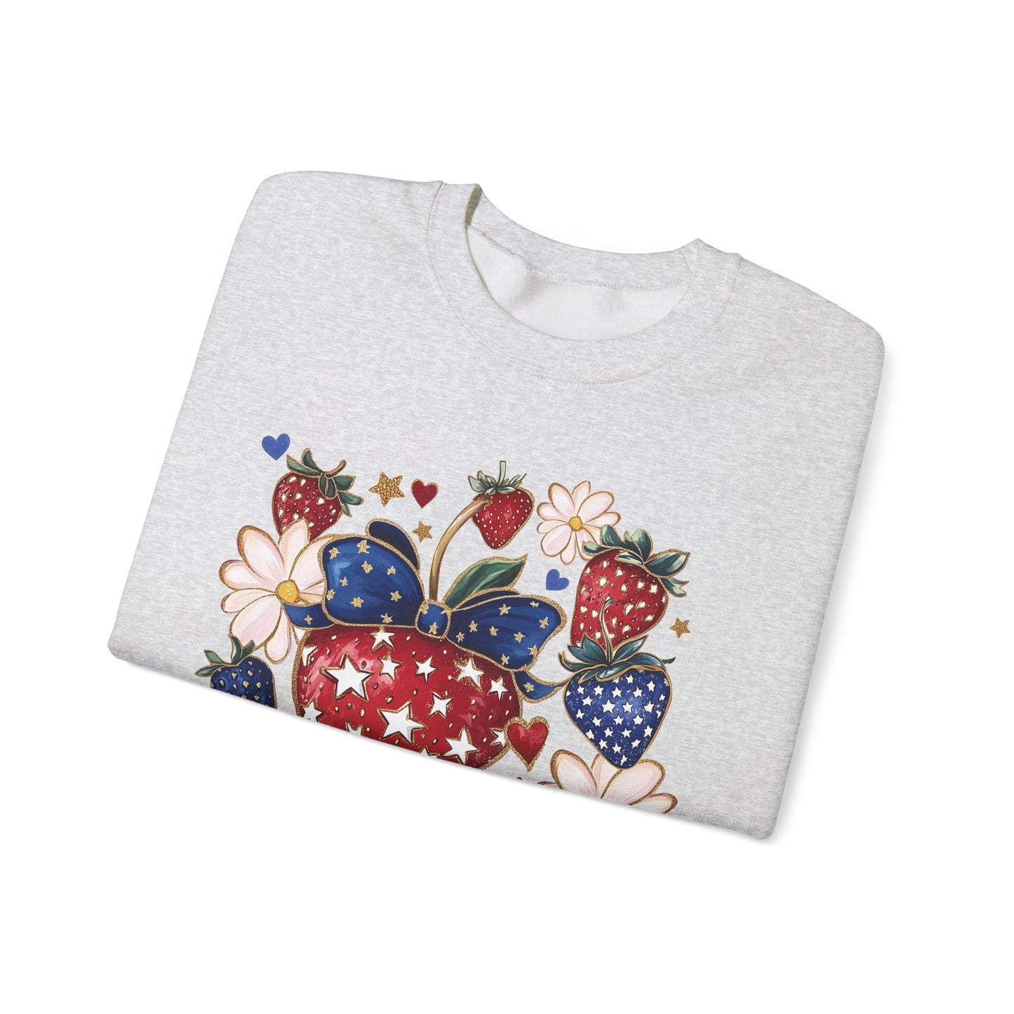Patriotic Strawberry Sweatshirt, Cozy Crewneck for Casual Wear, Cute Gift for Her, Summer Picnic, 4th of July Style, Comfortable Fashion