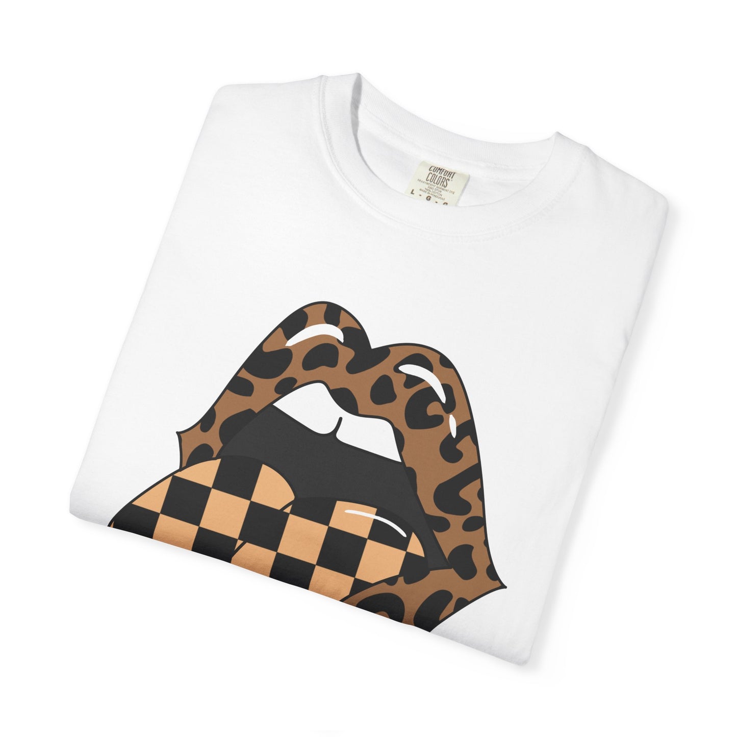 Retro Leopard Print Checkered Rocker Tongue Patch Graphic Tee