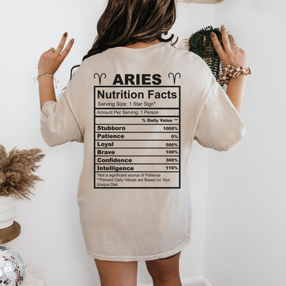 Aries Zodiac T-Shirt | Astrology Tee | Horoscope Gift for Astrologers | Birthday Gift | Unisex Softstyle T-Shirt | Nutrition Facts Tee