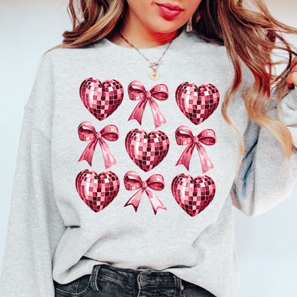 Pink Coquette and Heart Disco Ball Valentine Graphic Crewneck Sweatshirt