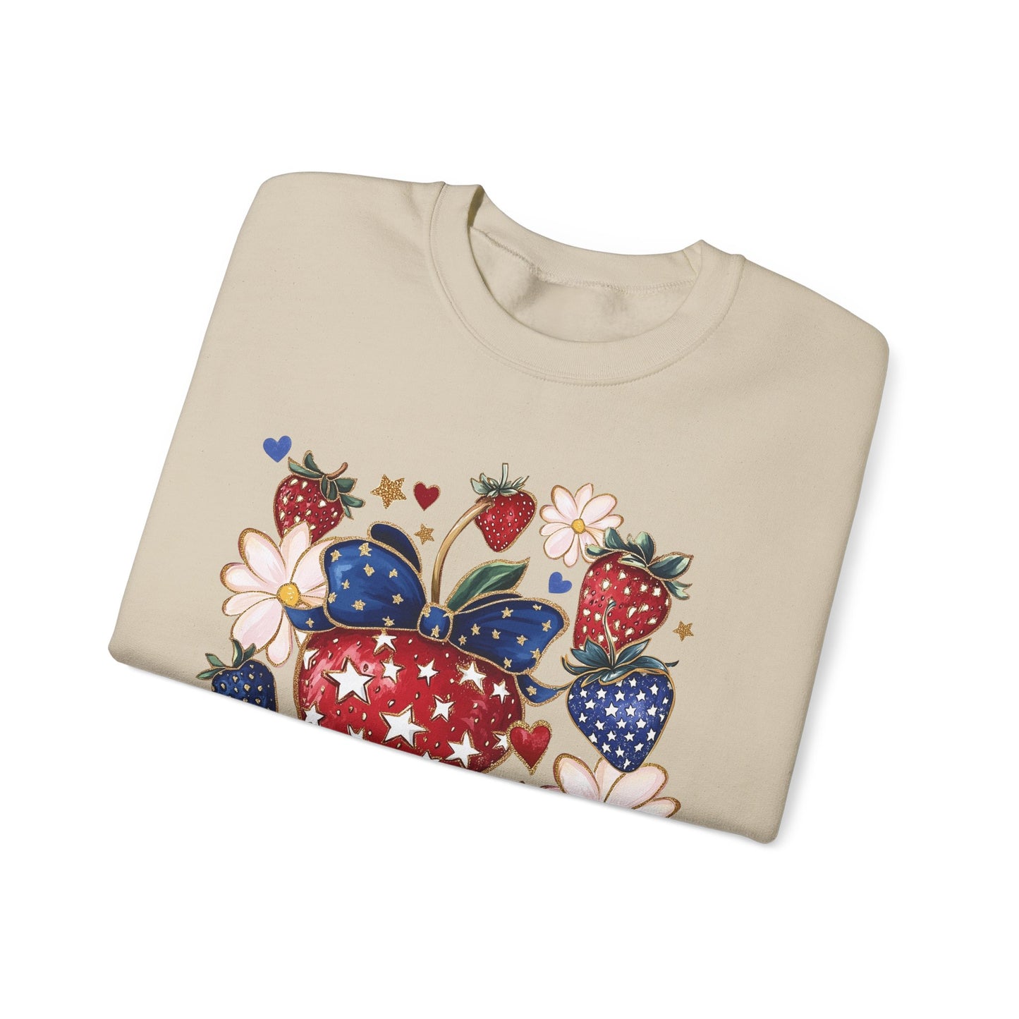 Patriotic Strawberry Sweatshirt, Cozy Crewneck for Casual Wear, Cute Gift for Her, Summer Picnic, 4th of July Style, Comfortable Fashion