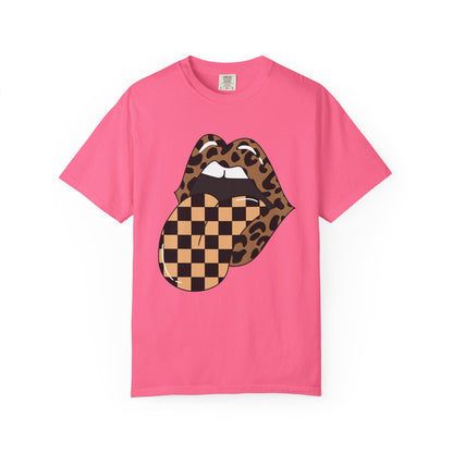 Retro Leopard Print Checkered Rocker Tongue Patch Graphic Tee