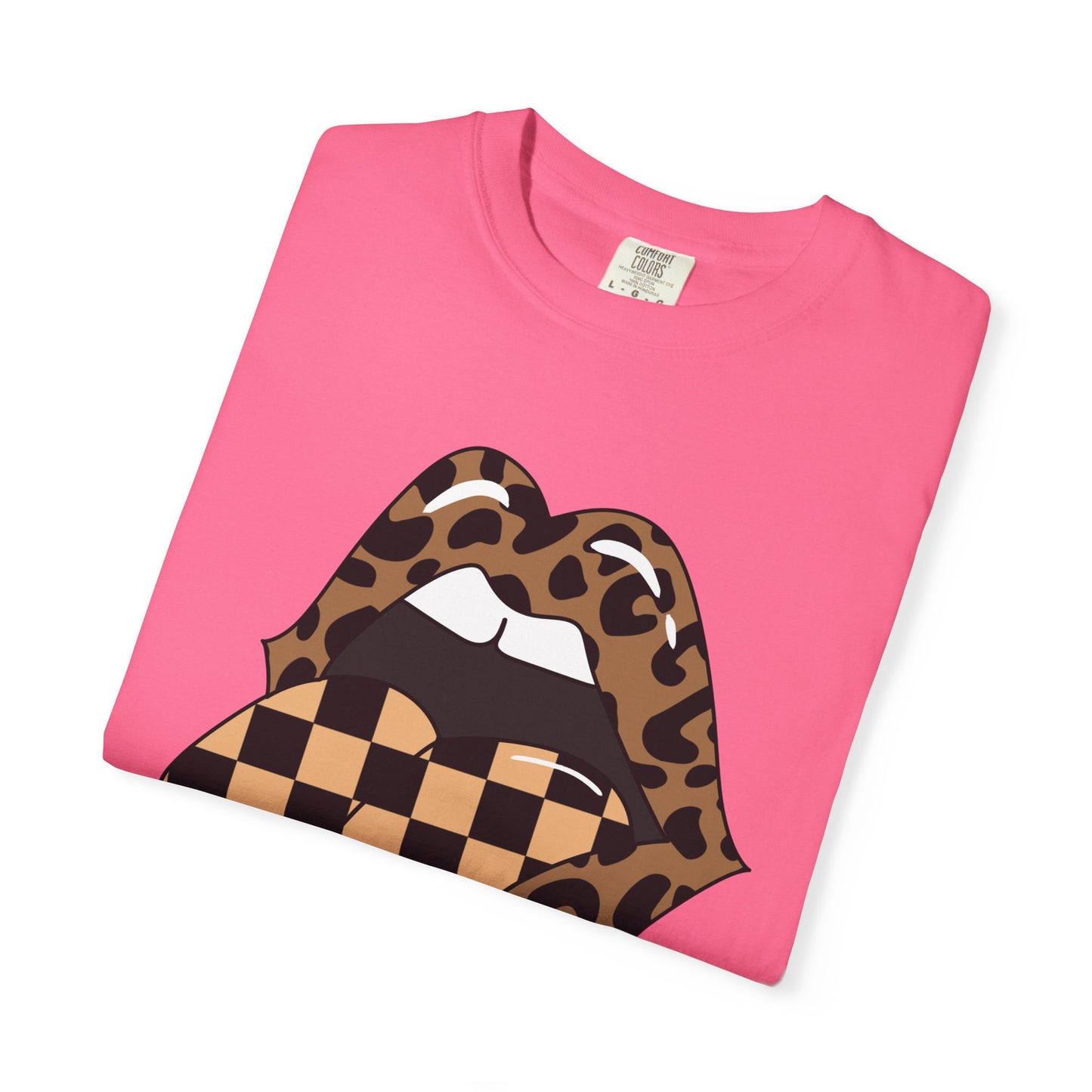 Retro Leopard Print Checkered Rocker Tongue Patch Graphic Tee