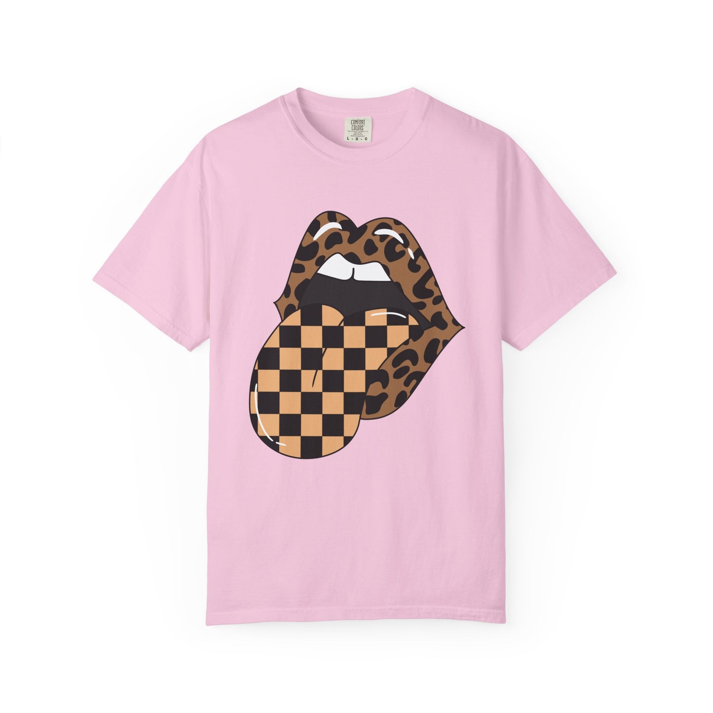 Retro Leopard Print Checkered Rocker Tongue Patch Graphic Tee