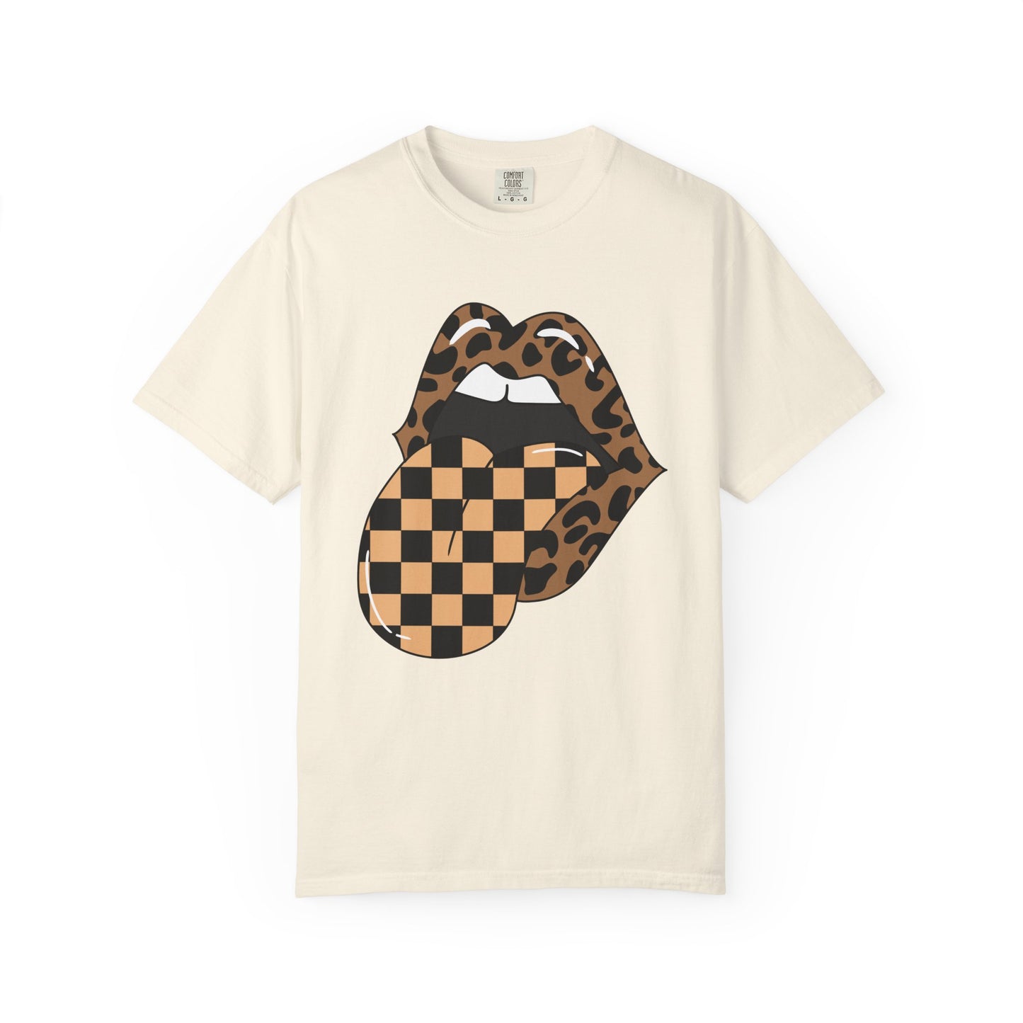 Retro Leopard Print Checkered Rocker Tongue Patch Graphic Tee