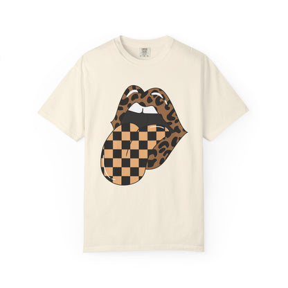 Retro Leopard Print Checkered Rocker Tongue Patch Graphic Tee