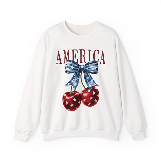 Retro America Coquette, Cherry Coquette Bow, Graphic Crewneck Sweatshirt