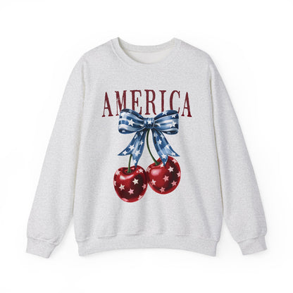Retro America Coquette, Cherry Coquette Bow, Graphic Crewneck Sweatshirt