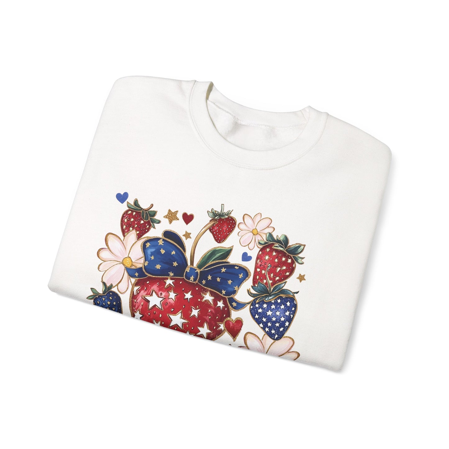 Patriotic Strawberry Sweatshirt, Cozy Crewneck for Casual Wear, Cute Gift for Her, Summer Picnic, 4th of July Style, Comfortable Fashion