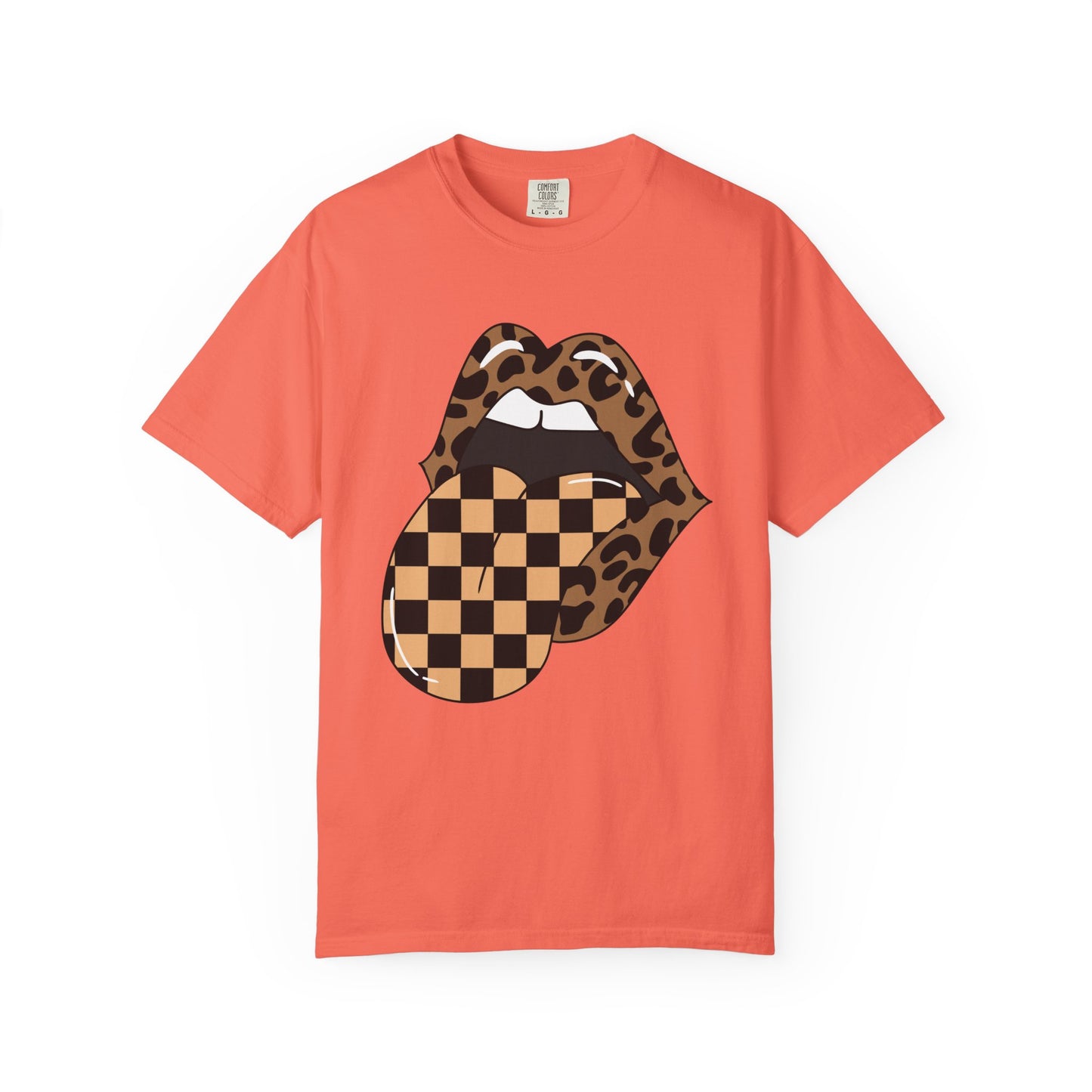 Retro Leopard Print Checkered Rocker Tongue Patch Graphic Tee