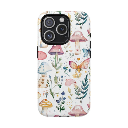 Whimsical Watercolor Pattern of Mushrooms and Butterflies Phone Case, Mag Safe Compatible, Tough Magnetic Case