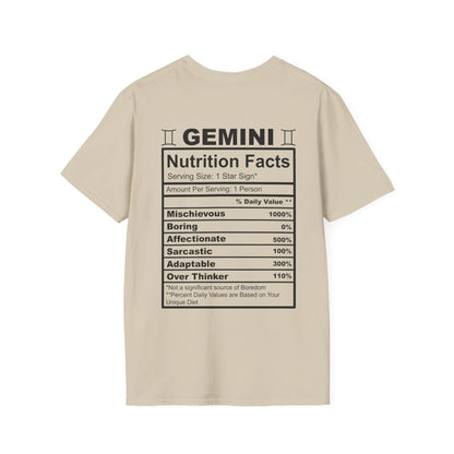 Gemini Nutrition Facts T-Shirt, Astrology Tee, Unisex Horoscope Shirt, Birthday Gift for Gemini, Casual Wear, Zodiac Sign Apparel
