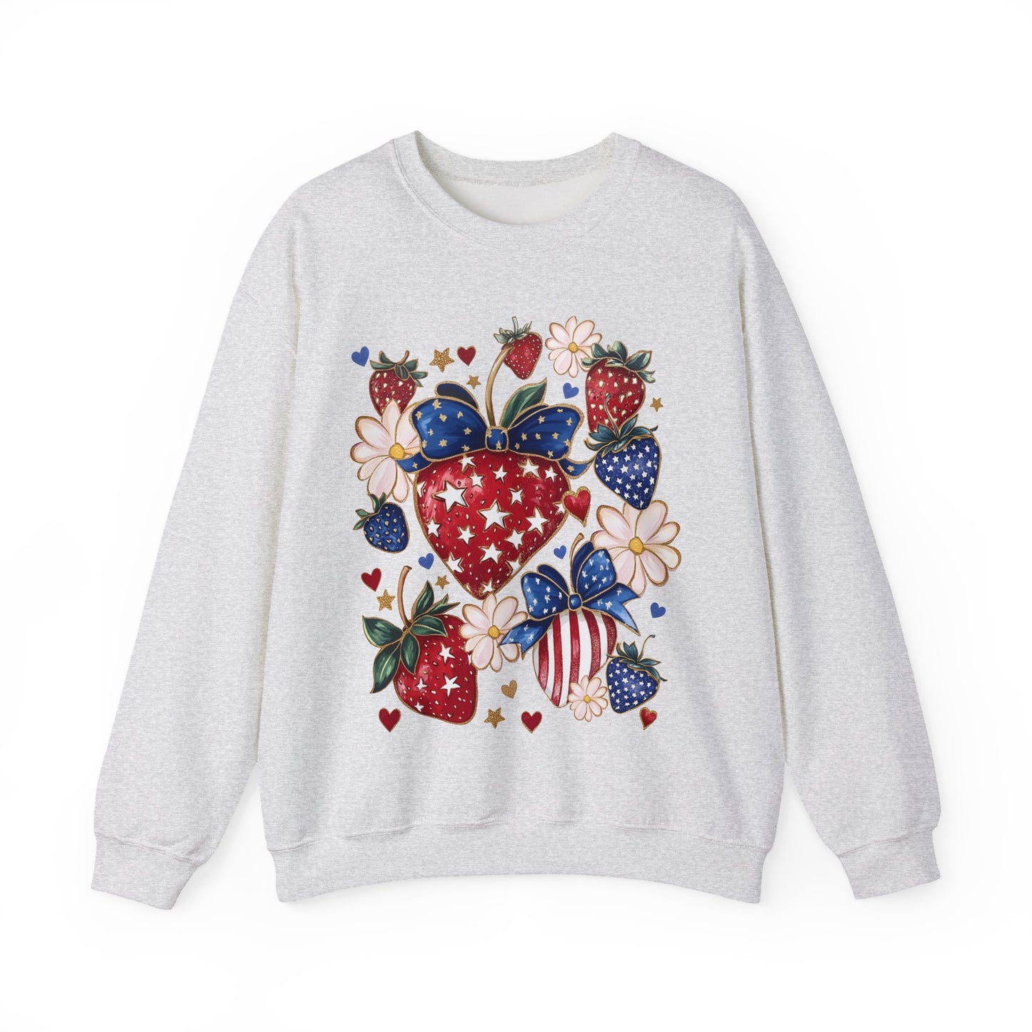 Patriotic Strawberry Sweatshirt, Cozy Crewneck for Casual Wear, Cute Gift for Her, Summer Picnic, 4th of July Style, Comfortable Fashion