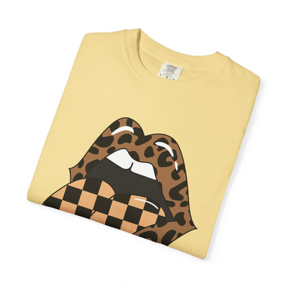 Retro Leopard Print Checkered Rocker Tongue Patch Graphic Tee