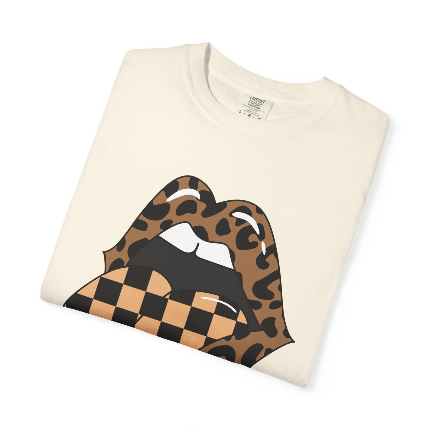 Retro Leopard Print Checkered Rocker Tongue Patch Graphic Tee
