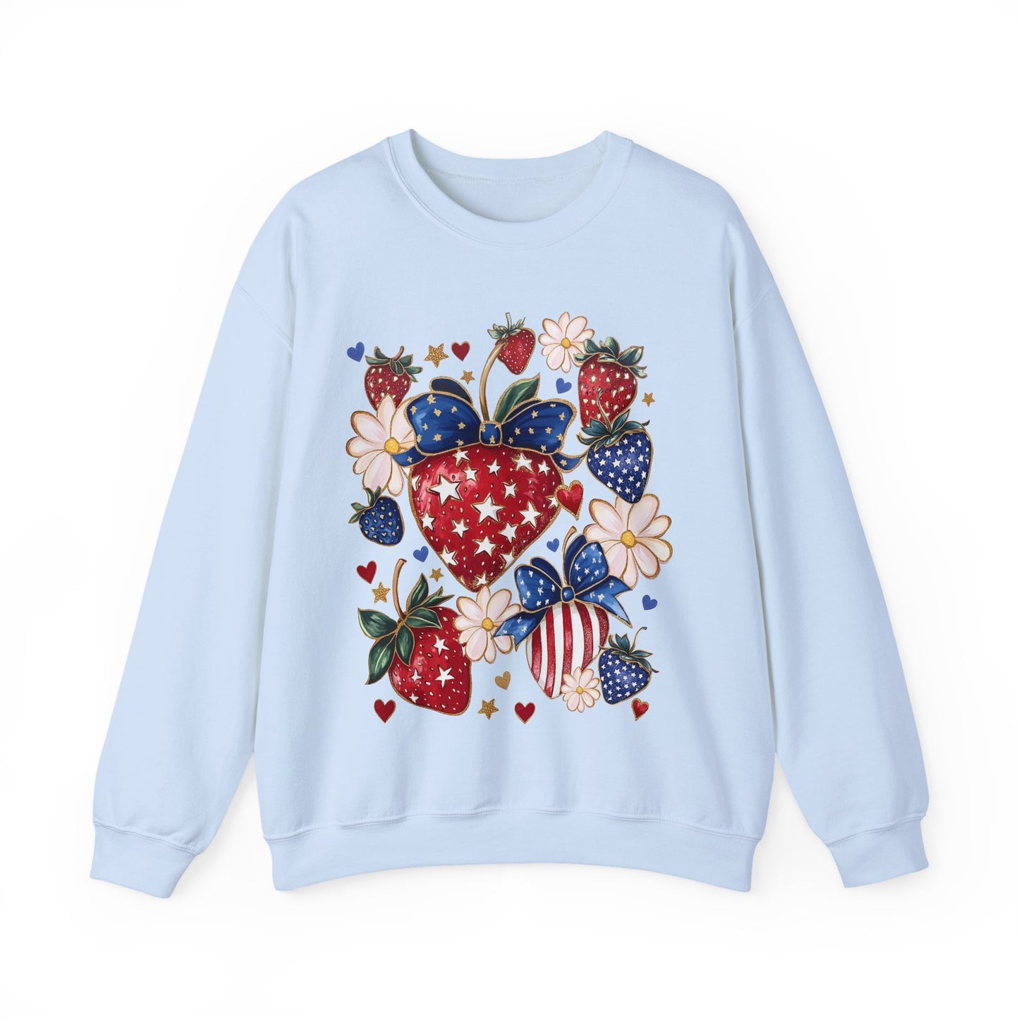 Patriotic Strawberry Sweatshirt, Cozy Crewneck for Casual Wear, Cute Gift for Her, Summer Picnic, 4th of July Style, Comfortable Fashion