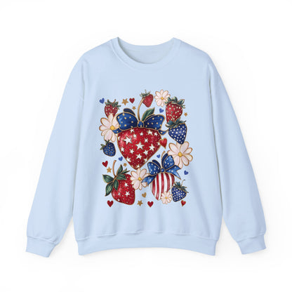Patriotic Strawberry Sweatshirt, Cozy Crewneck for Casual Wear, Cute Gift for Her, Summer Picnic, 4th of July Style, Comfortable Fashion