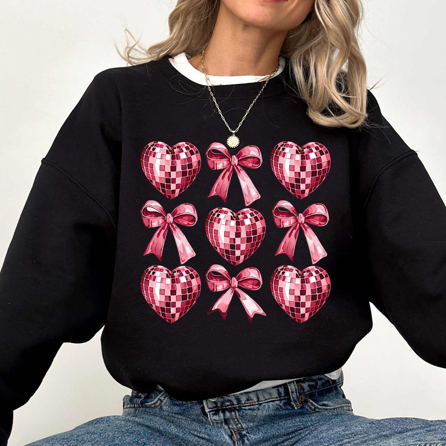 Pink Coquette and Heart Disco Ball Valentine Graphic Crewneck Sweatshirt