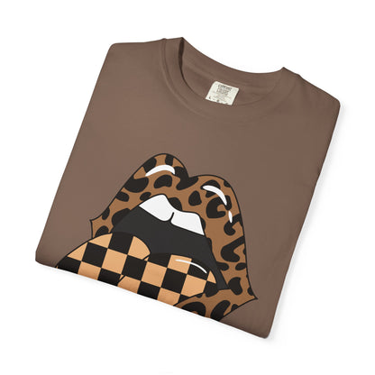 Retro Leopard Print Checkered Rocker Tongue Patch Graphic Tee